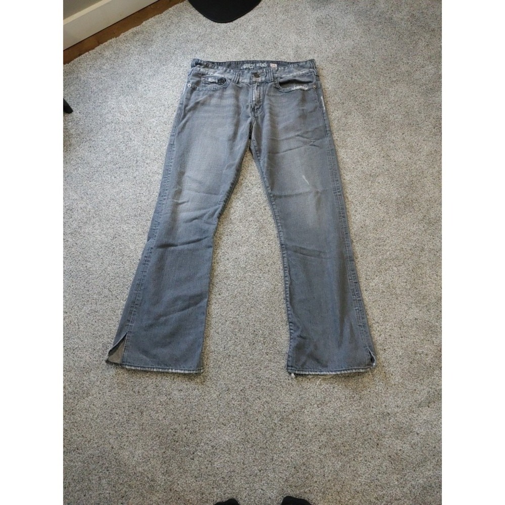 2000s Mens Guess Rebel Straight Leg Jeans 36x34 Grey Wash Worn Distress Frey